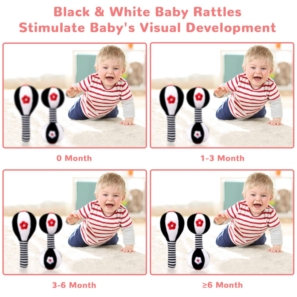 XIXILAND Newborn Rattles 0-6 Months – High Contrast Black & White Dumbbell Toy for Infant Grip and Hearing