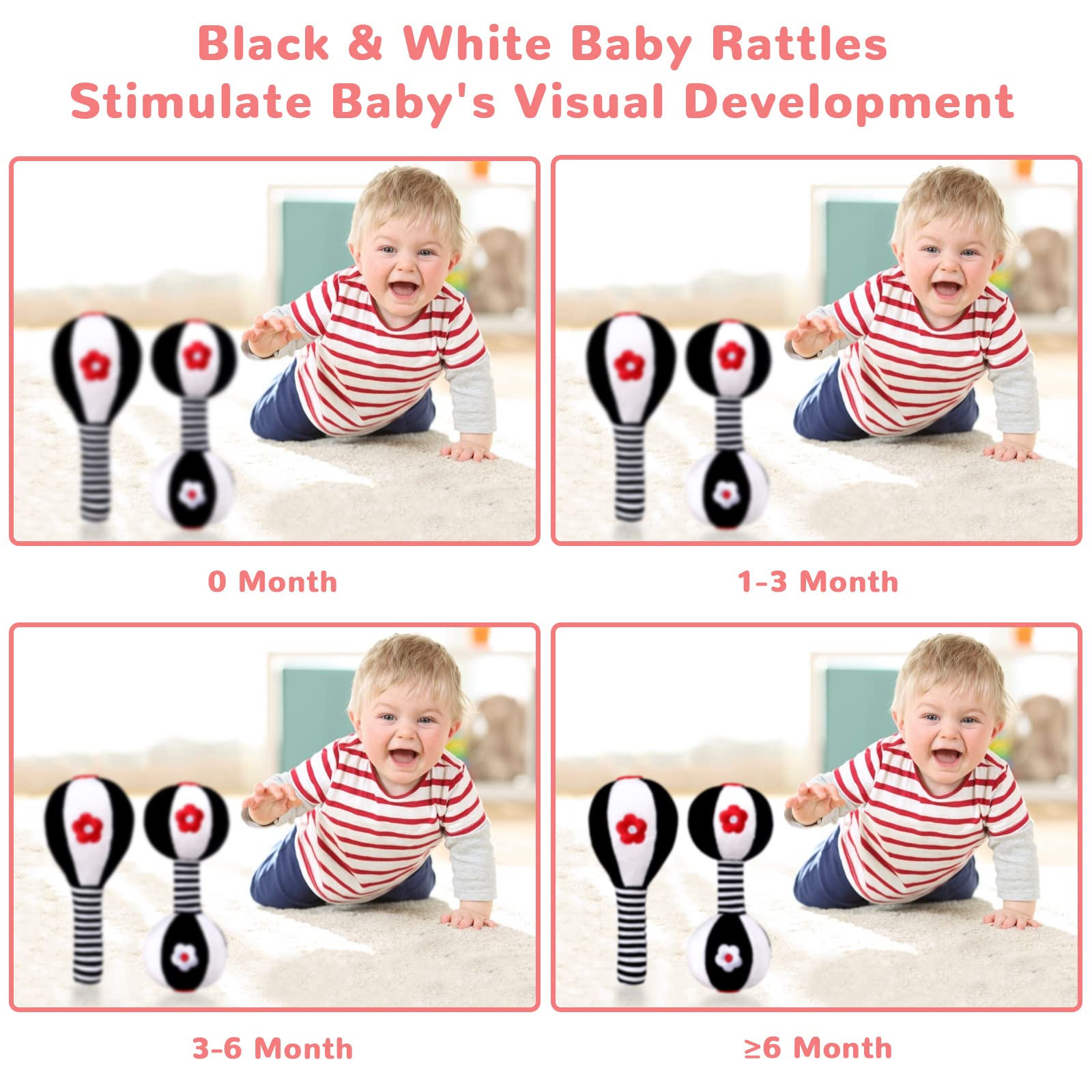 XIXILAND Newborn Rattles 0-6 Months – High Contrast Black & White Dumbbell Toy for Infant Grip and Hearing