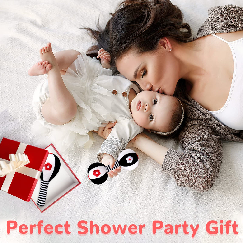XIXILAND Newborn Rattles 0-6 Months – High Contrast Black & White Dumbbell Toy for Infant Grip and Hearing