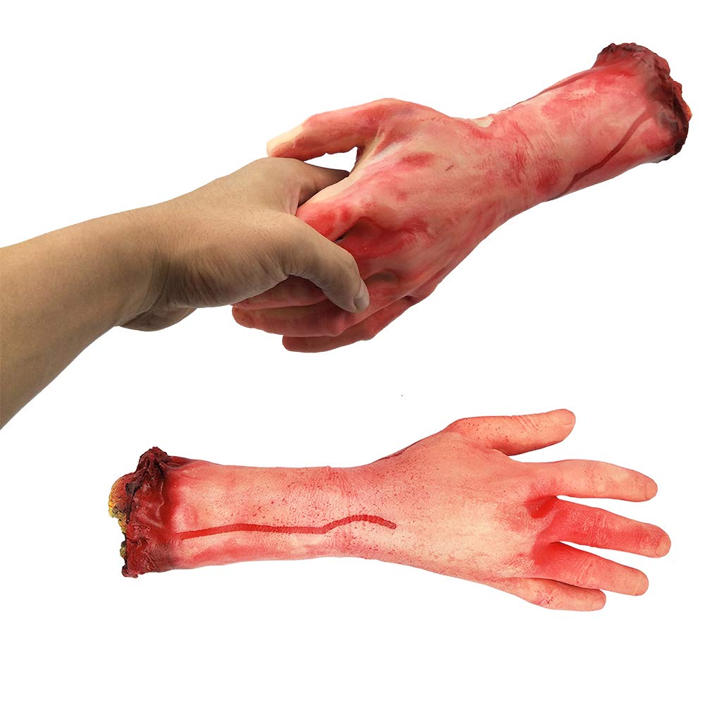 XONOR Halloween Fake Severed Hands - 2-Pack Left & Right, Realistic Bloody Plastic Prop for Haunted House Decor