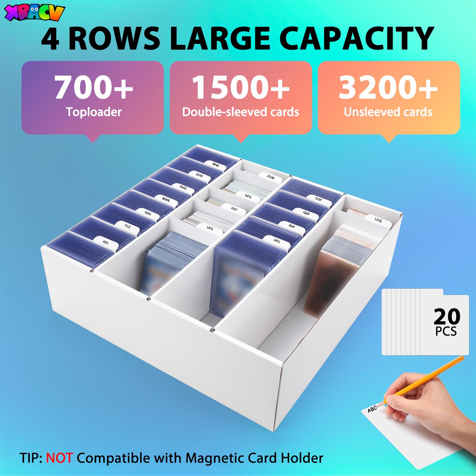 XRACV 4-Compartment Trading Card Storage Box – Holds 3200+ Cards, Waterproof Corrugated Cardboard, Easy Assembly (Bright White)