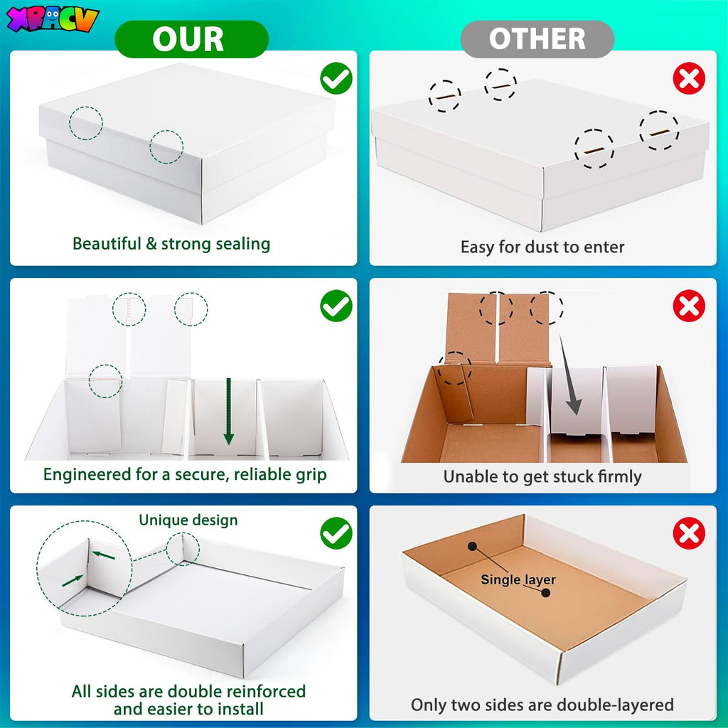 XRACV 4-Compartment Trading Card Storage Box – Holds 3200+ Cards, Waterproof Corrugated Cardboard, Easy Assembly (Bright White)