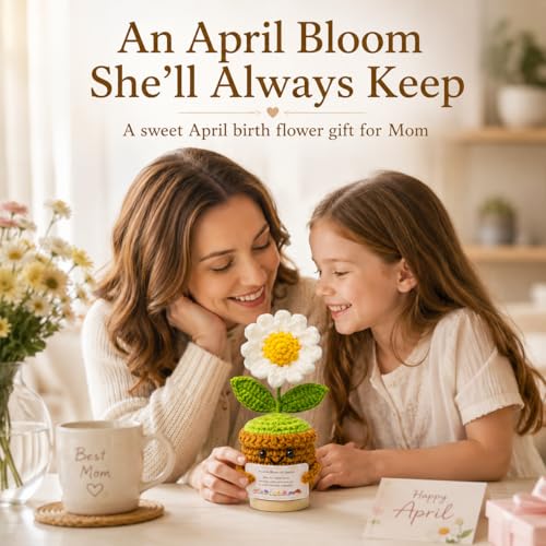 Xulvrax April Birth Flower Daisy Crochet Potted Plant Gift with Wooden Base, Cheerful Desk Decor for Mom