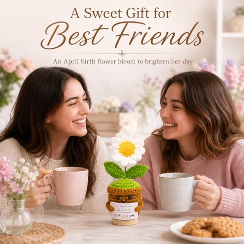 Xulvrax April Birth Flower Daisy Crochet Potted Plant Gift with Wooden Base, Cheerful Desk Decor for Mom