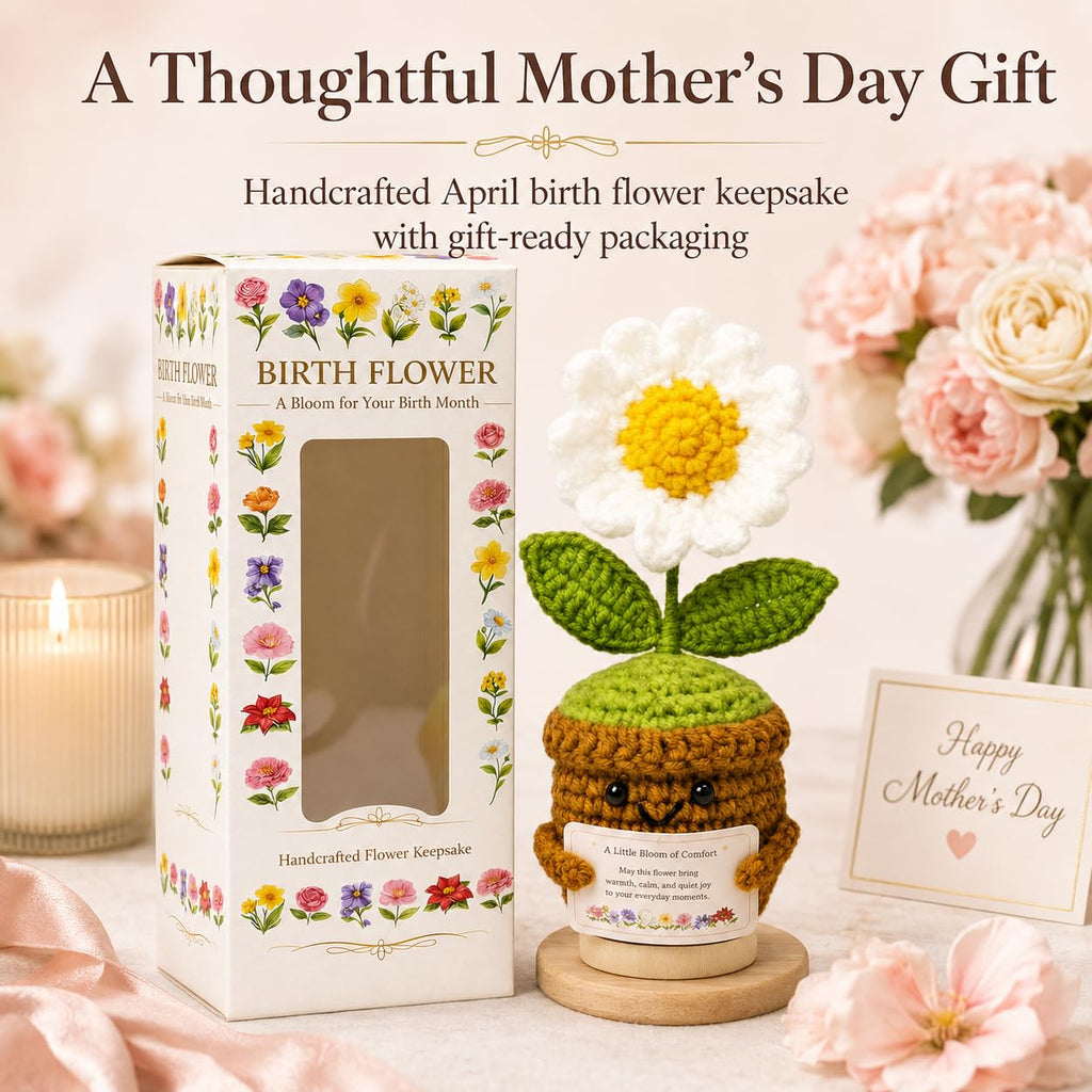 Xulvrax April Birth Flower Daisy Crochet Potted Plant Gift with Wooden Base, Cheerful Desk Decor for Mom