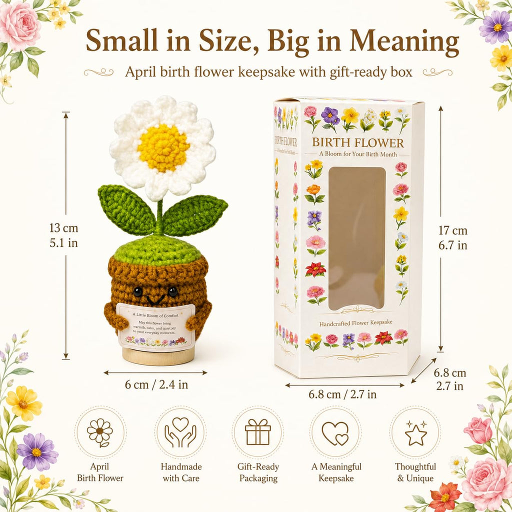 Xulvrax April Birth Flower Daisy Crochet Potted Plant Gift with Wooden Base, Cheerful Desk Decor for Mom