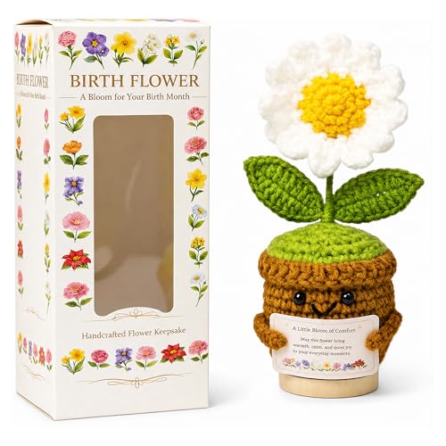 Xulvrax April Birth Flower Daisy Crochet Potted Plant Gift with Wooden Base, Cheerful Desk Decor for Mom