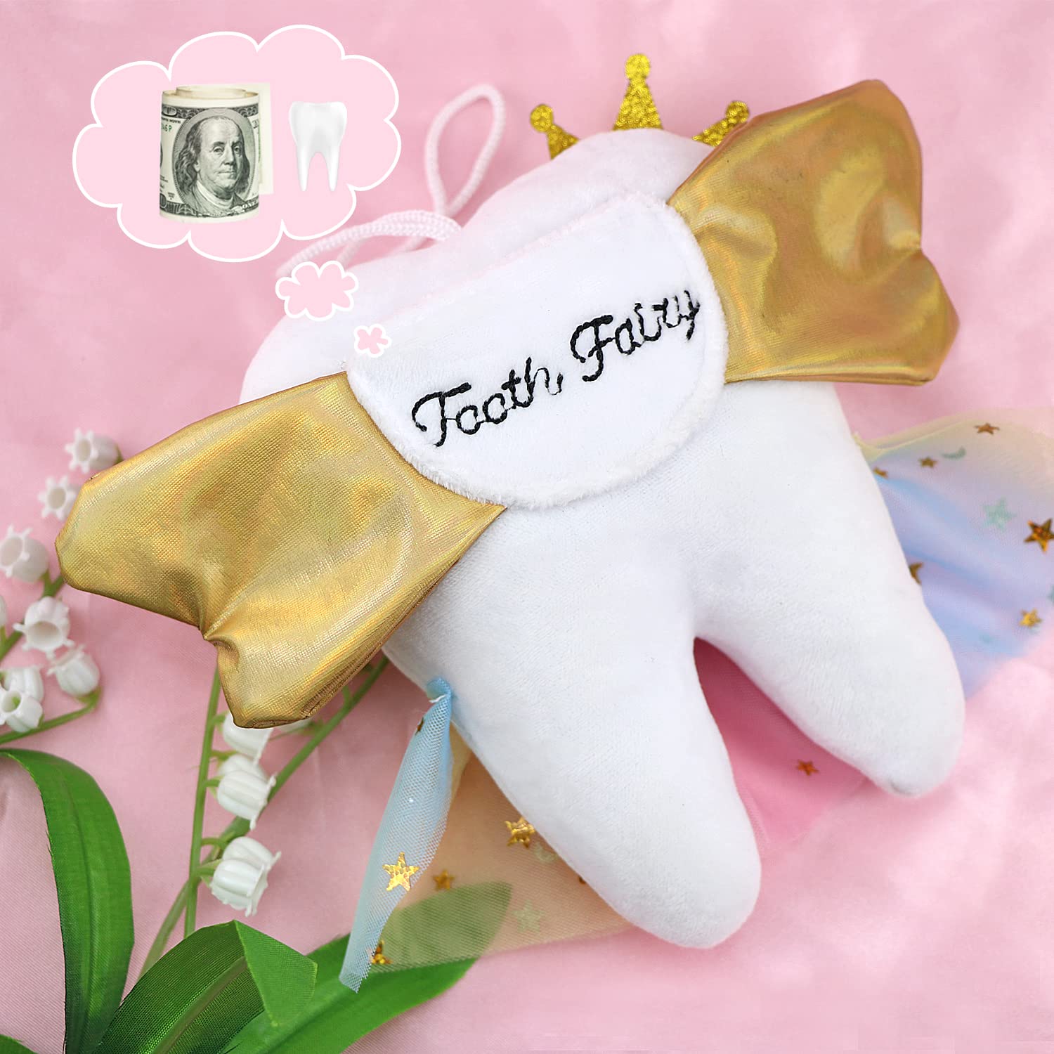 Xunboo Tooth Fairy Pillow with Golden Wings and Tooth Pocket - Soft Plush Keepsake for Girls and Boys