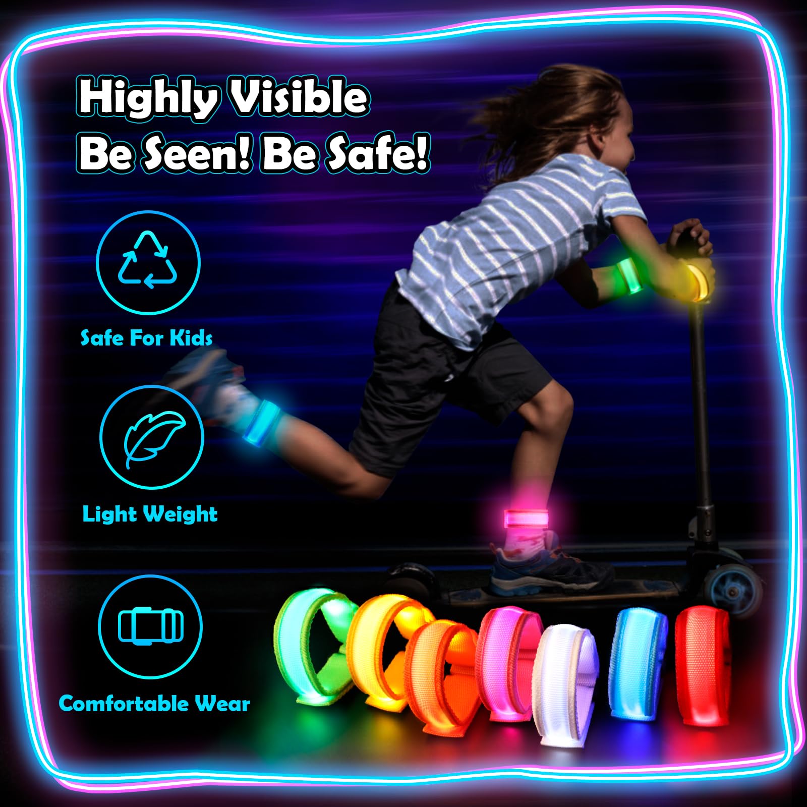 YADIYA 7 Color LED Glow Bracelets – Adjustable Nylon Light Up Party Favors for Kids and Adults