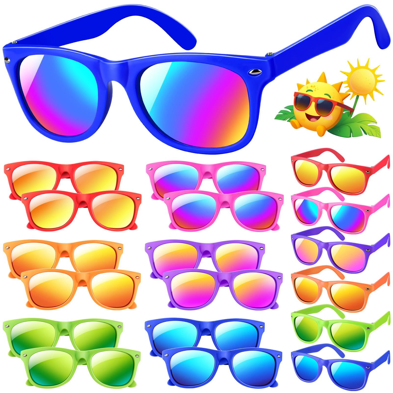 YADIYA Kids Sunglasses Bulk 12 Pack: Neon Retro Horn Rimmed UV 400 Protection
