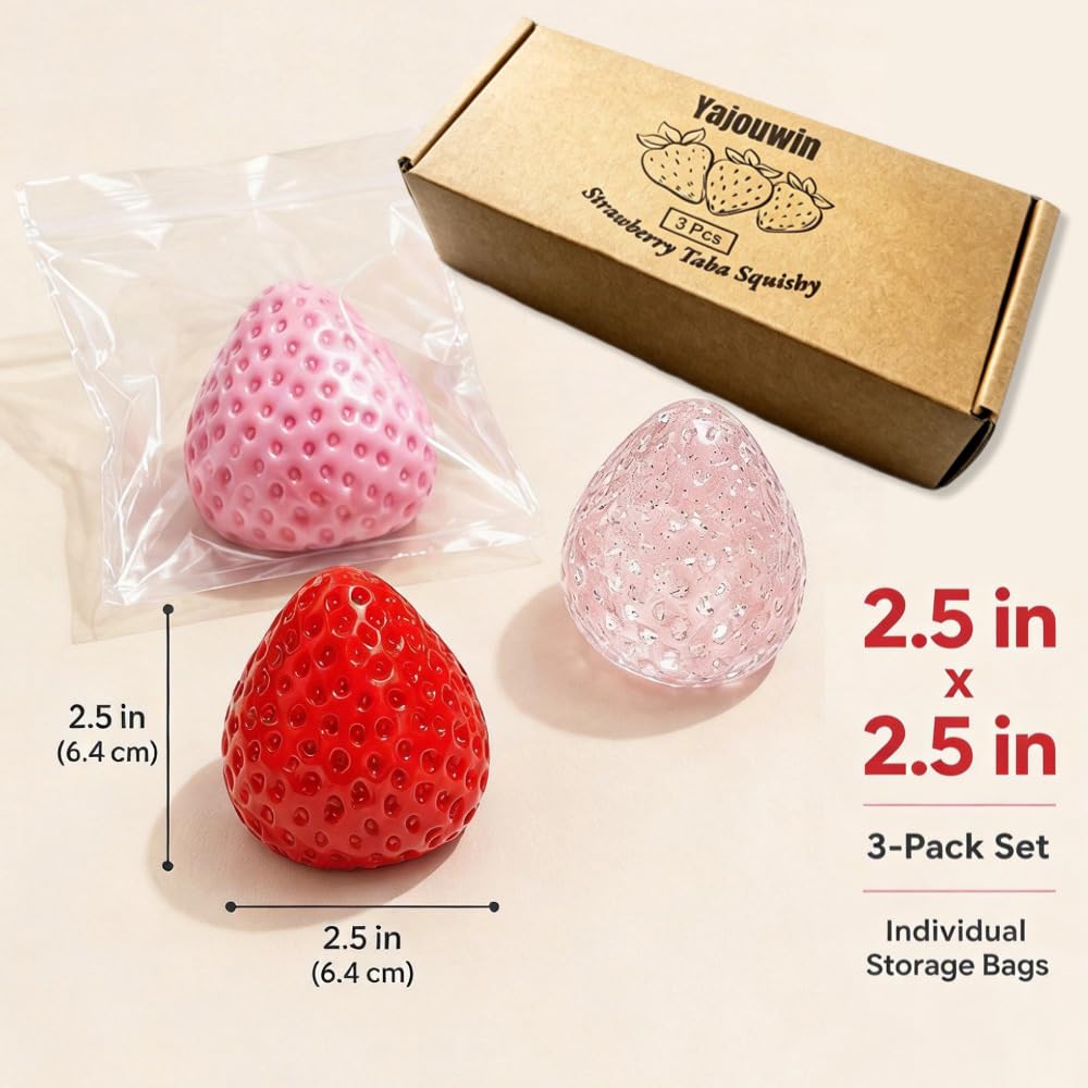 Yajouwin Strawberry Squishy Toys – 3-Pack Scented Kawaii Fidgets for Stress Relief