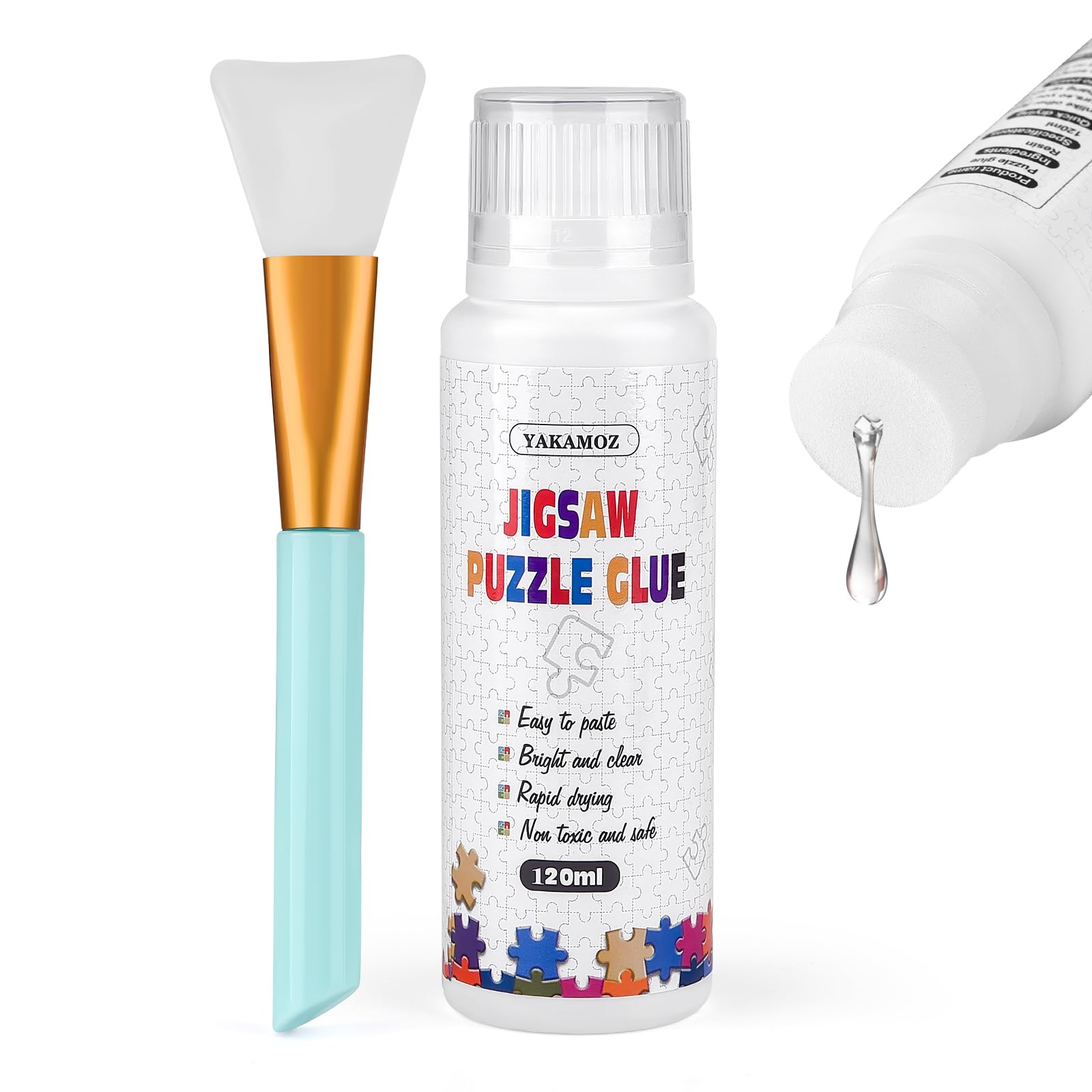 YAKAMOZ Jigsaw Puzzle Glue 120ml – Clear Water-Based Fast-Drying Adhesive with Sponge Applicator for 1000/1500/3000 Piece Puzzles