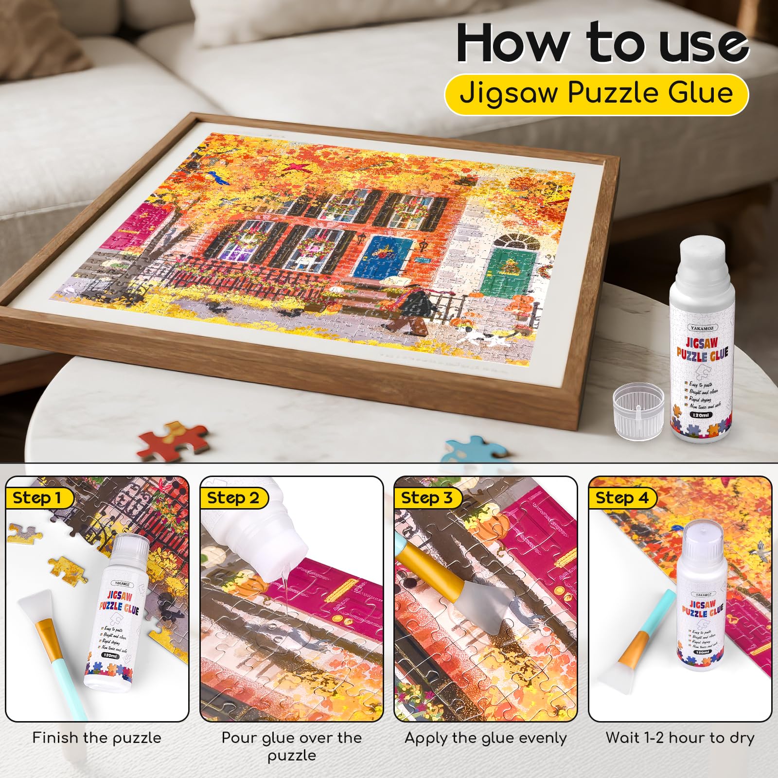 YAKAMOZ Jigsaw Puzzle Glue 120ml – Clear Water-Based Fast-Drying Adhesive with Sponge Applicator for 1000/1500/3000 Piece Puzzles