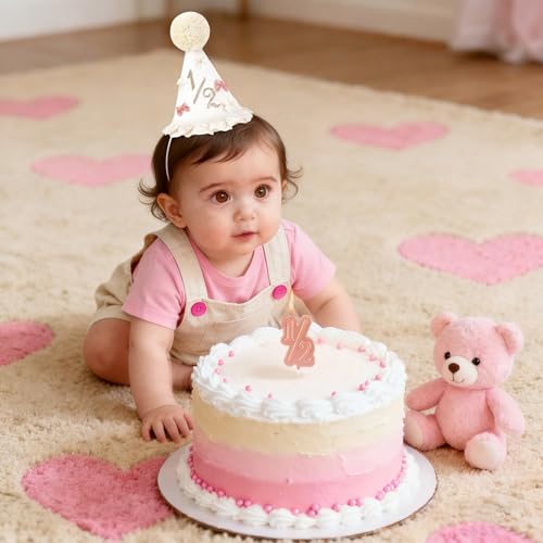 Yalucky Half Birthday Hat Set for Baby Girls – 6 Month Milestone Party Hat with Cake Topper, Felt, 5.5 Inch