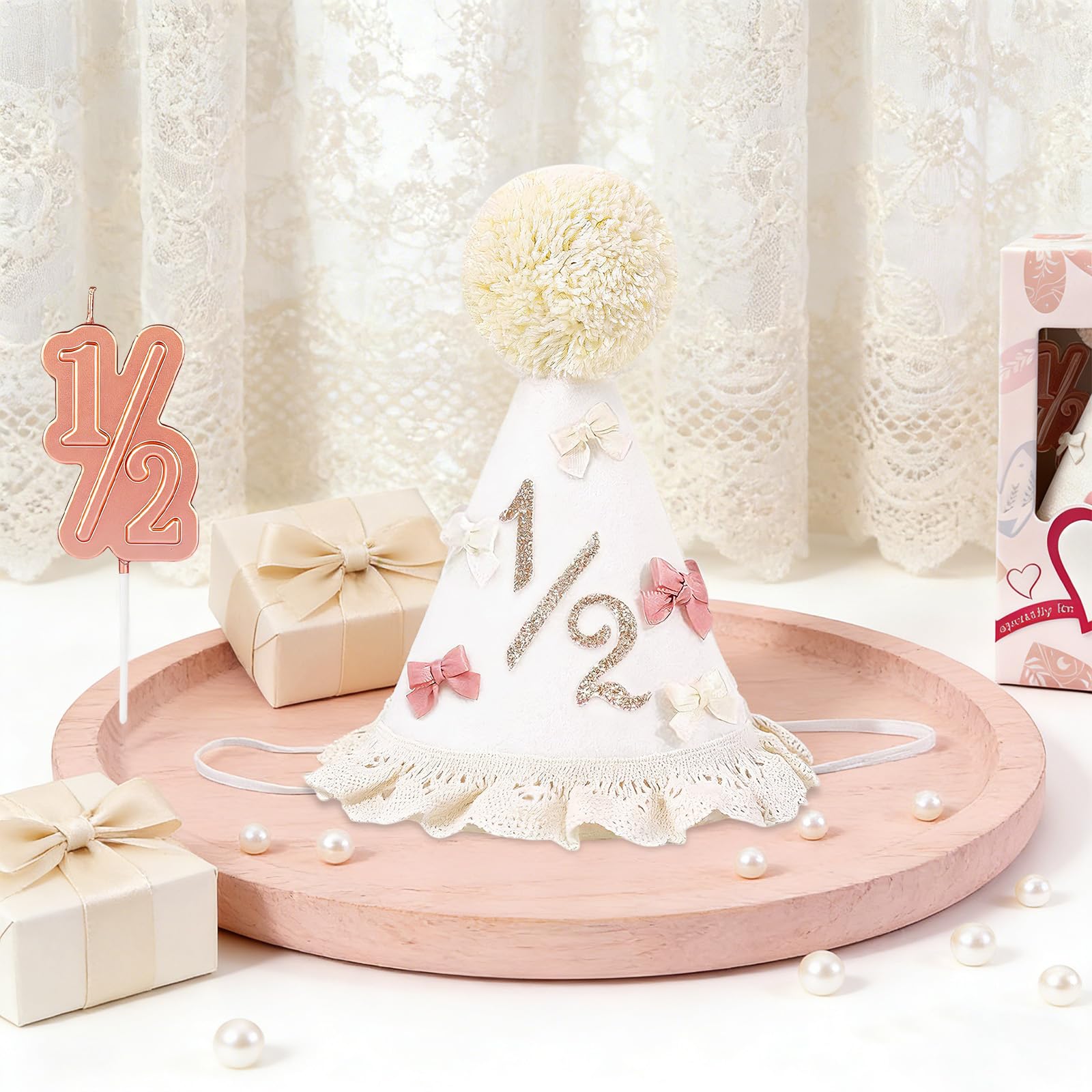 Yalucky Half Birthday Hat Set for Baby Girls – 6 Month Milestone Party Hat with Cake Topper, Felt, 5.5 Inch