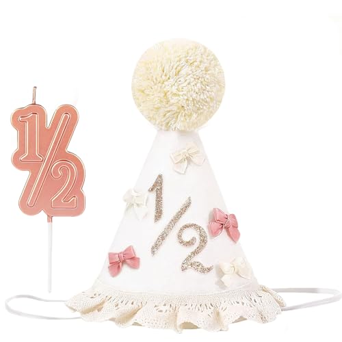 Yalucky Half Birthday Hat Set for Baby Girls – 6 Month Milestone Party Hat with Cake Topper, Felt, 5.5 Inch