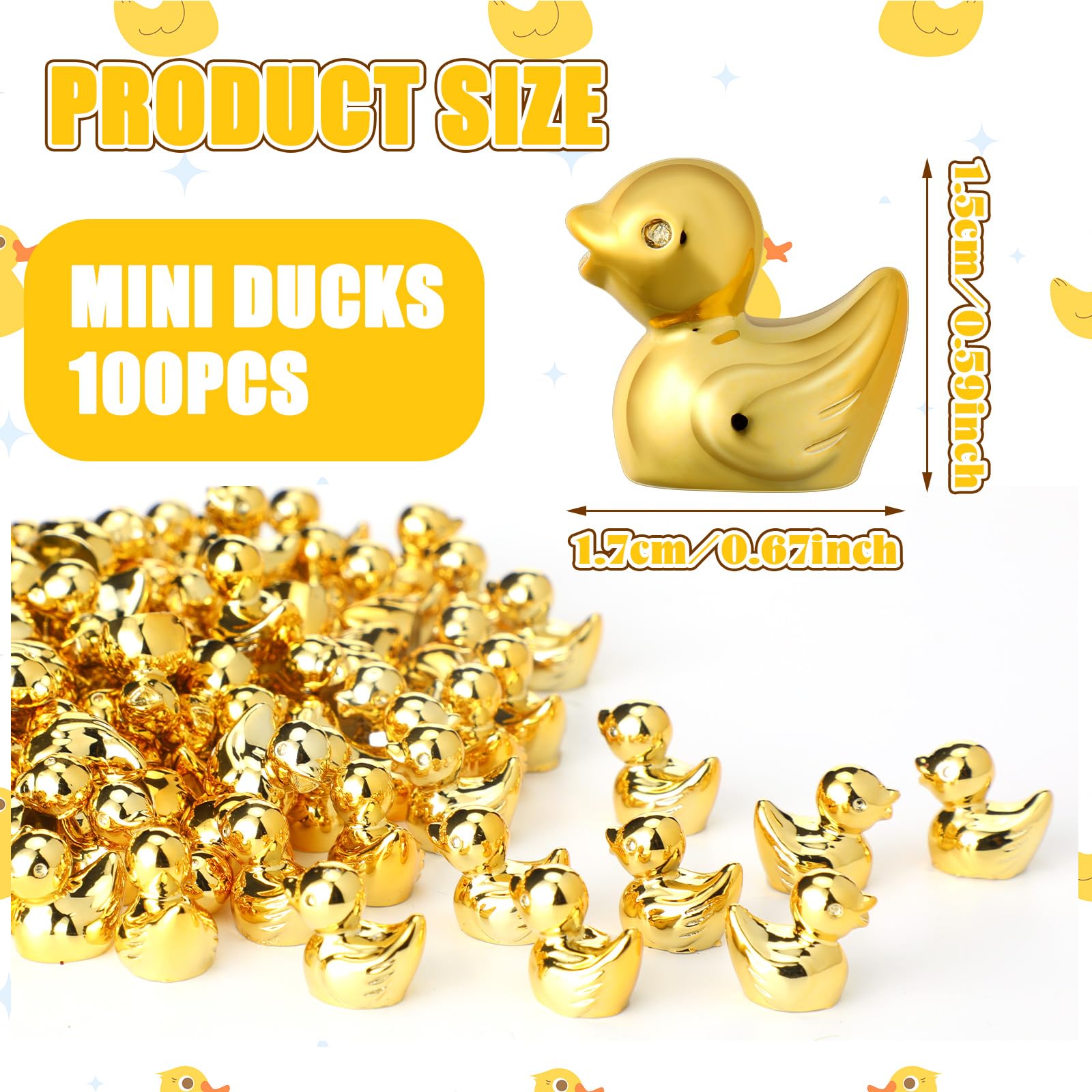 Yaocom 150-Pack Mini Golden Duck Figurines - Gold Plated Metal Statues for DIY Crafts, Garden Decor, Cake Toppers, Party Favors