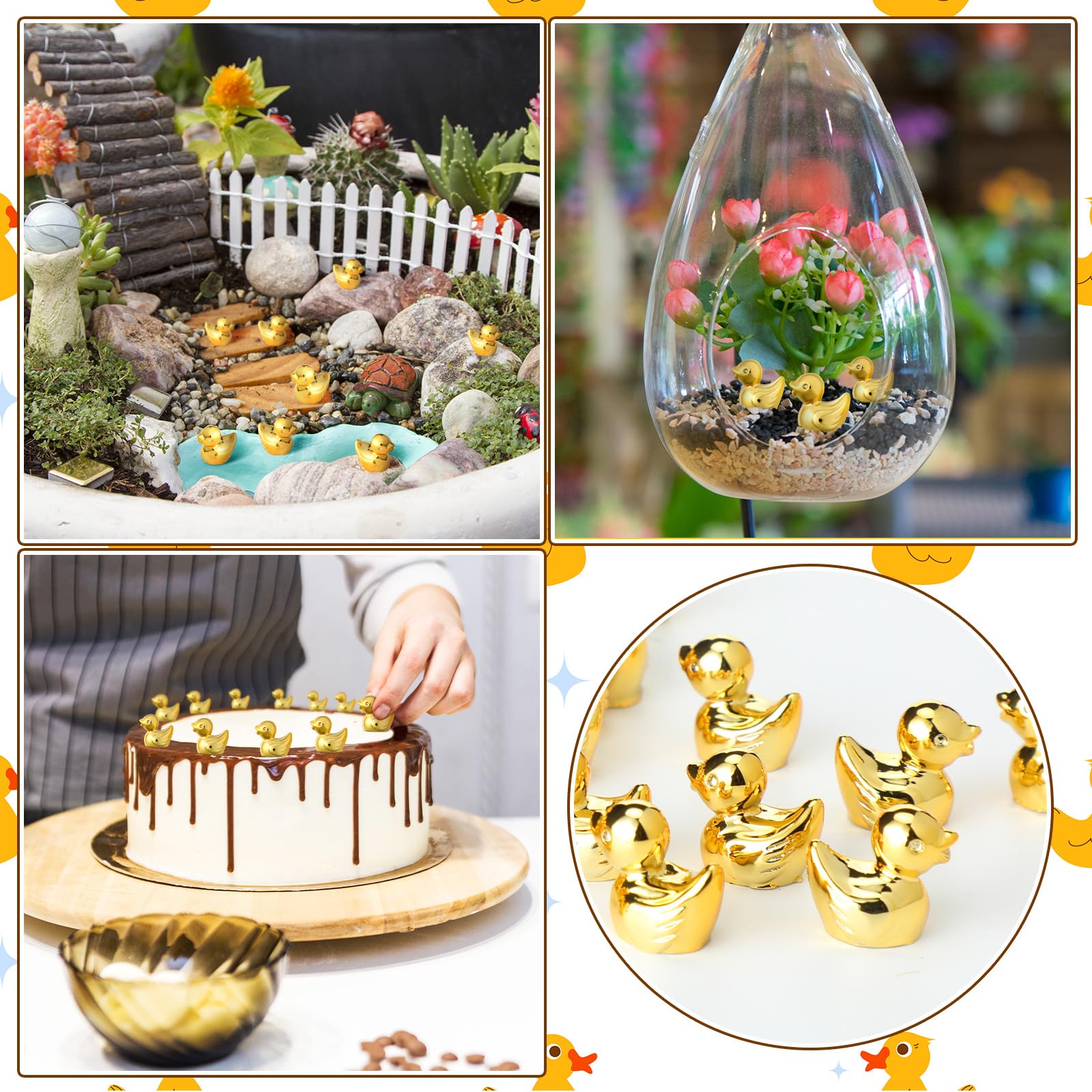 Yaocom 150-Pack Mini Golden Duck Figurines - Gold Plated Metal Statues for DIY Crafts, Garden Decor, Cake Toppers, Party Favors