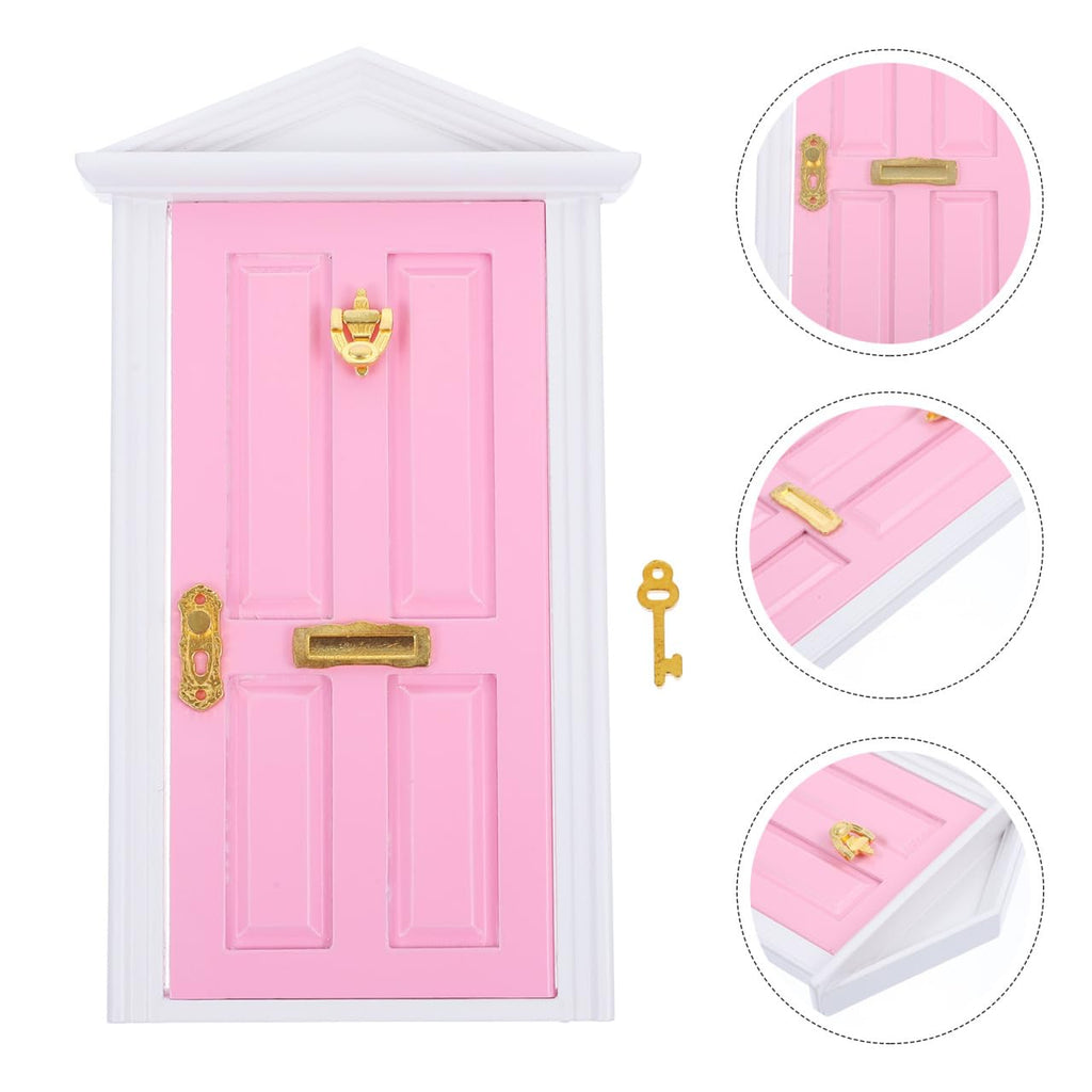 Yardwe Mini Wooden Fairy Door – Pink Hand-Painted 1:12 Scale Dollhouse Accessory with Key