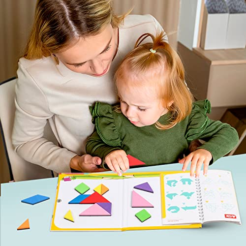 YATAOME Travel Tangram Puzzle Book – Magnetic Pattern Blocks with 240 Challenges for Kids Ages 4-8, Portable Road Trip Game