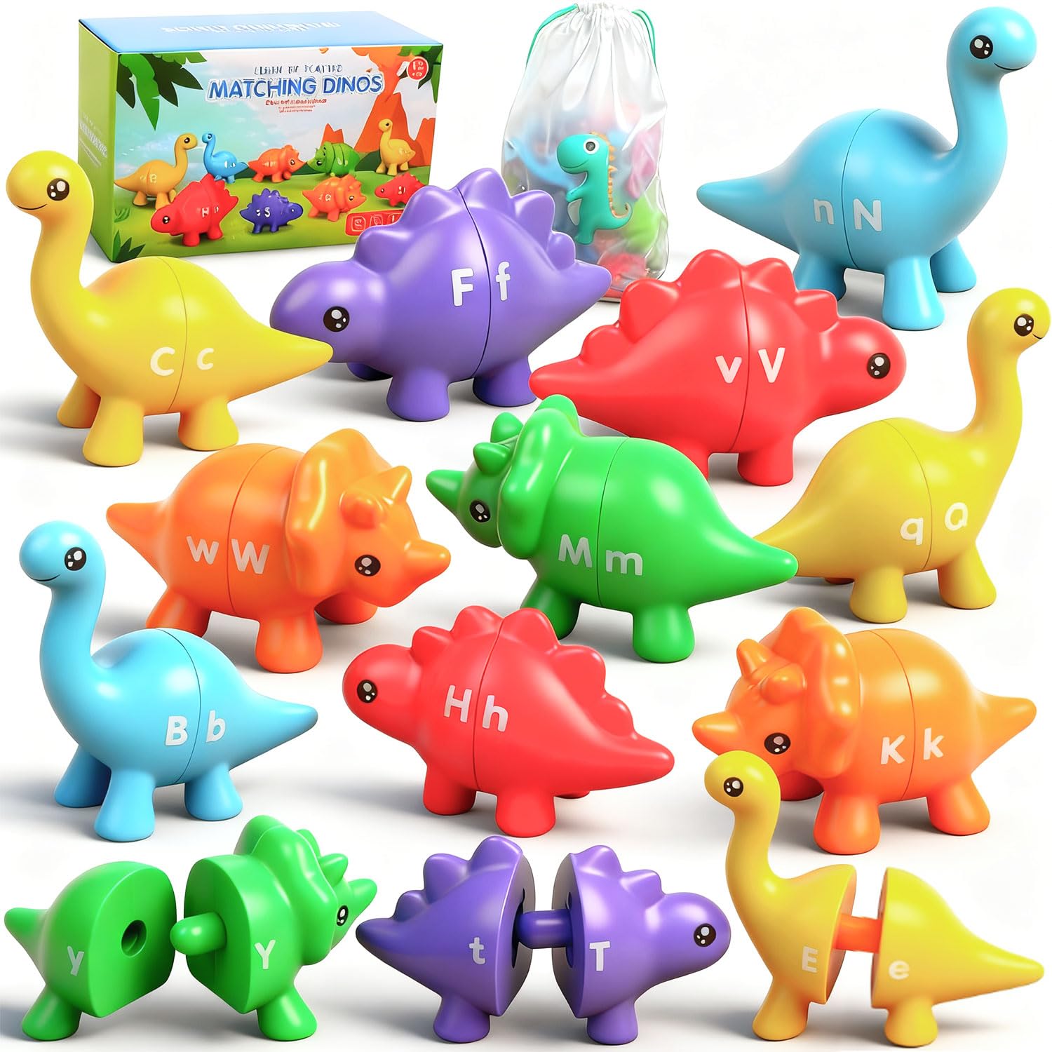 Yeahbof Dinosaur Letters Matching Game – 26 ABC Alphabet Double-Sided Uppercase & Lowercase, Montessori Fine Motor Toy for Toddlers 1-5 Years