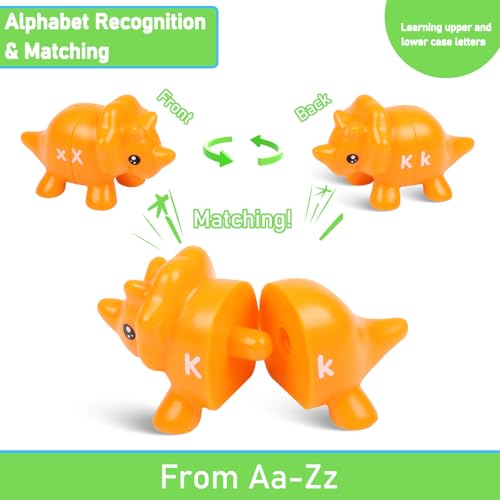 Yeahbof Dinosaur Letters Matching Game – 26 ABC Alphabet Double-Sided Uppercase & Lowercase, Montessori Fine Motor Toy for Toddlers 1-5 Years