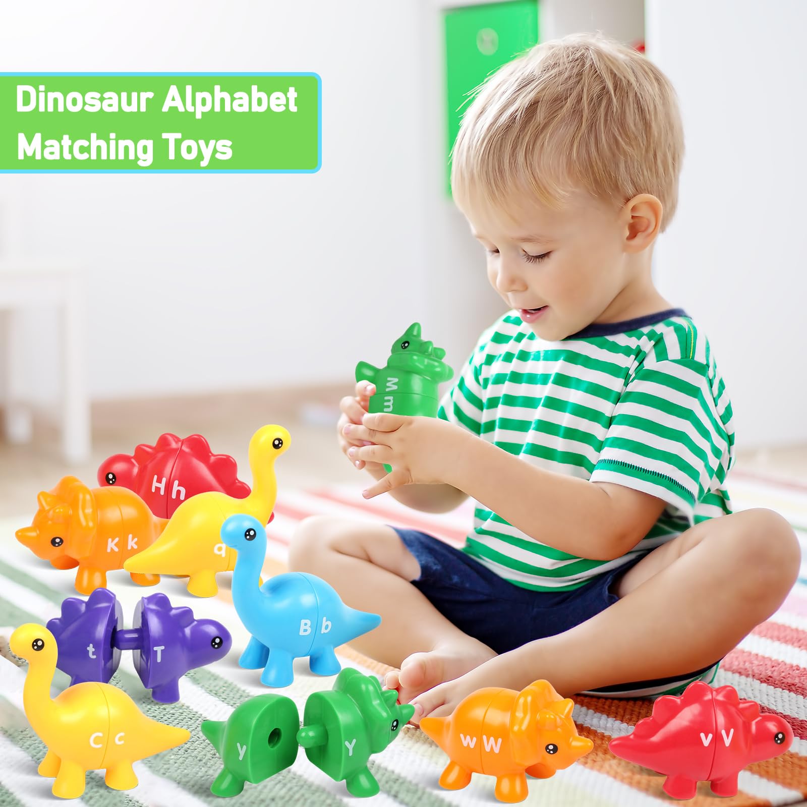 Yeahbof Dinosaur Letters Matching Game – 26 ABC Alphabet Double-Sided Uppercase & Lowercase, Montessori Fine Motor Toy for Toddlers 1-5 Years