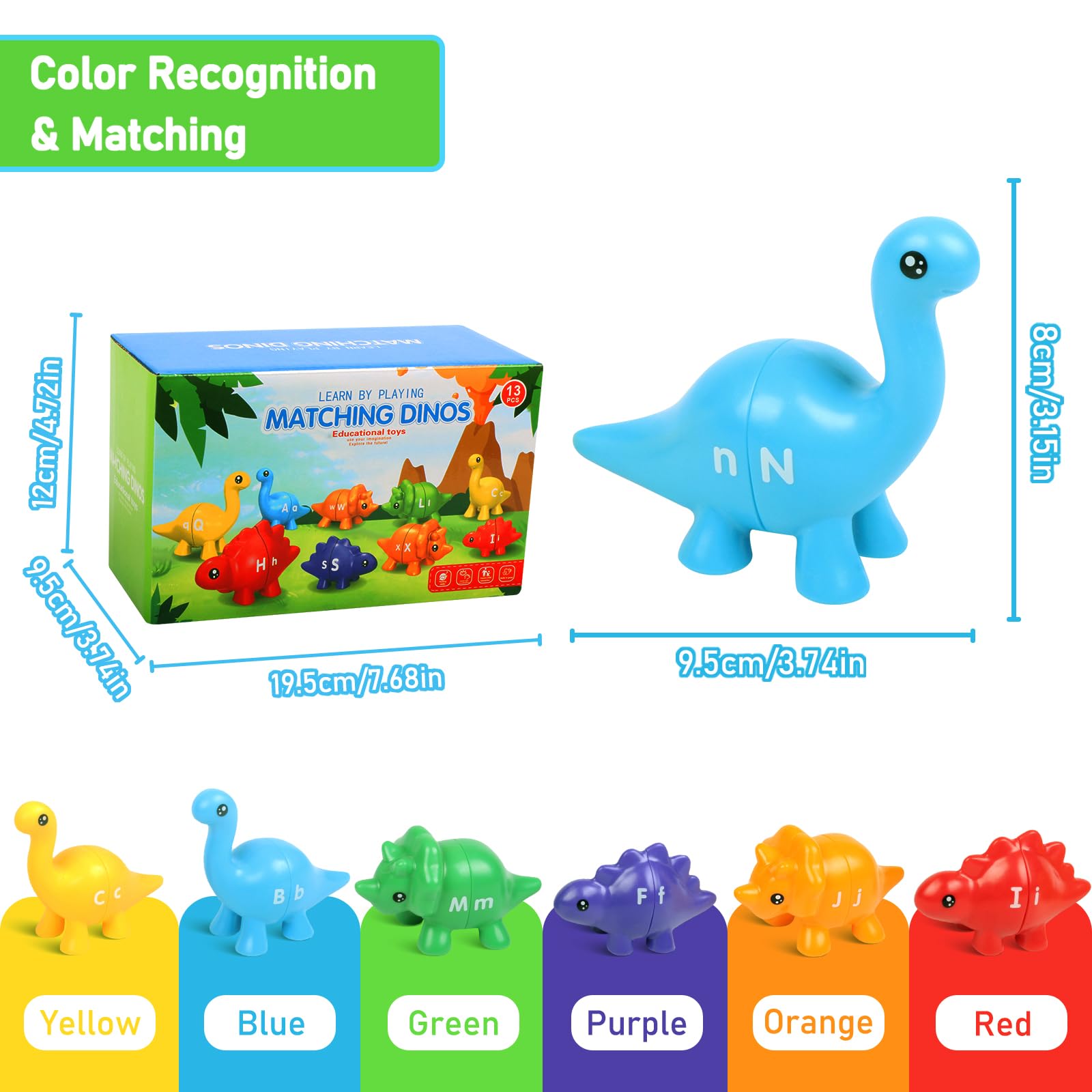 Yeahbof Dinosaur Letters Matching Game – 26 ABC Alphabet Double-Sided Uppercase & Lowercase, Montessori Fine Motor Toy for Toddlers 1-5 Years