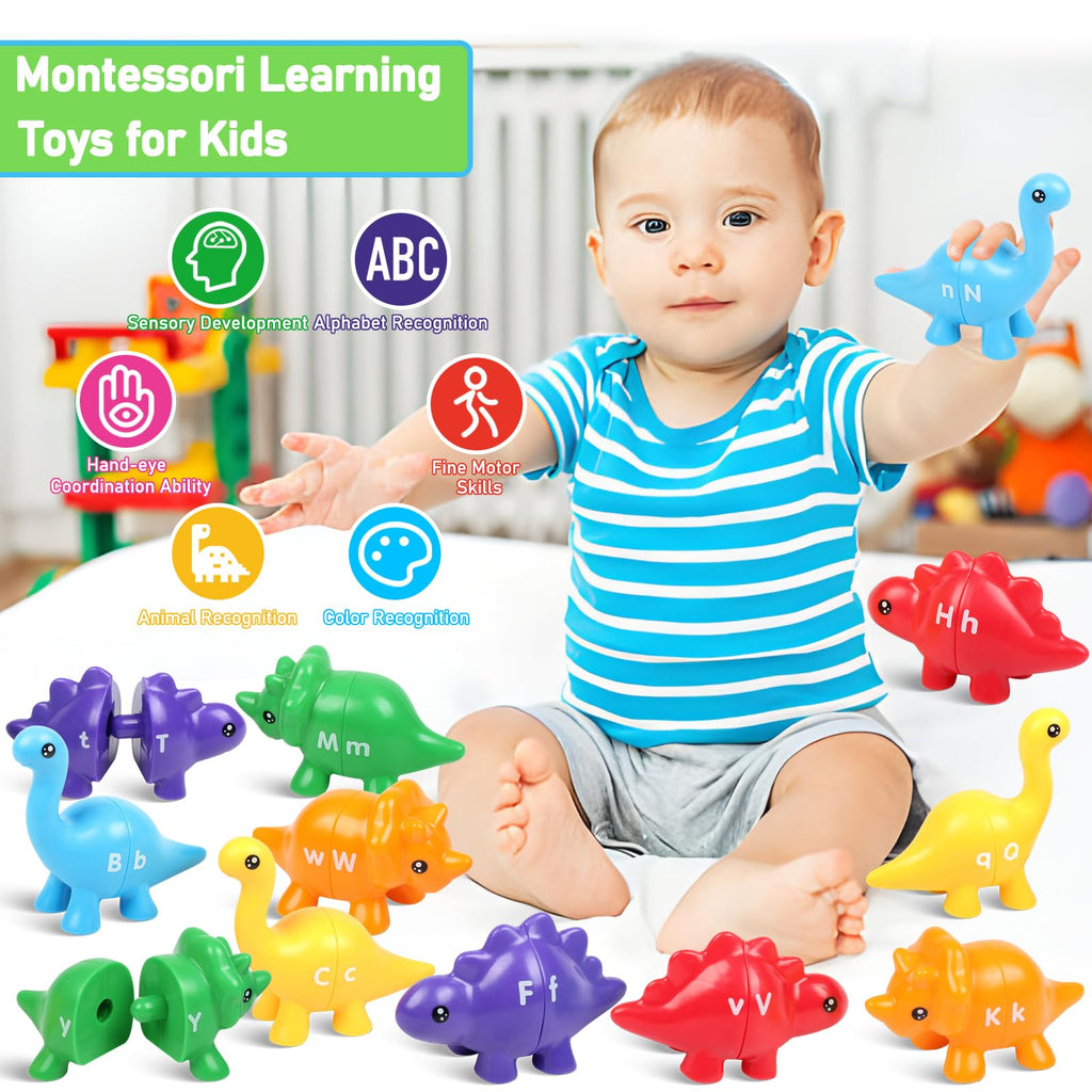 Yeahbof Dinosaur Letters Matching Game – 26 ABC Alphabet Double-Sided Uppercase & Lowercase, Montessori Fine Motor Toy for Toddlers 1-5 Years