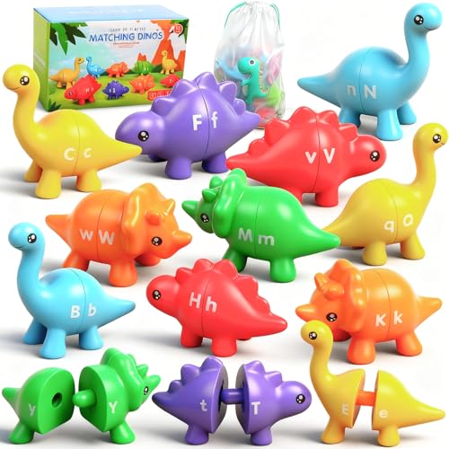 Yeahbof Dinosaur Letters Matching Game – 26 ABC Alphabet Double-Sided Uppercase & Lowercase, Montessori Fine Motor Toy for Toddlers 1-5 Years
