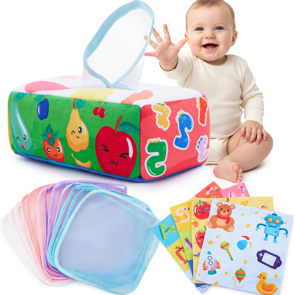 Yeeeasy Baby Tissue Box Toy - Montessori Sensory Toy for Infants 0-9 Months with Crinkle Textures and Letters