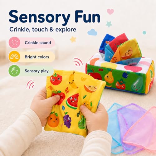 Yeeeasy Baby Tissue Box Toy - Montessori Sensory Toy for Infants 0-9 Months with Crinkle Textures and Letters