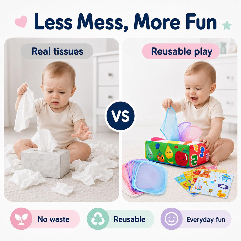 Yeeeasy Baby Tissue Box Toy - Montessori Sensory Toy for Infants 0-9 Months with Crinkle Textures and Letters