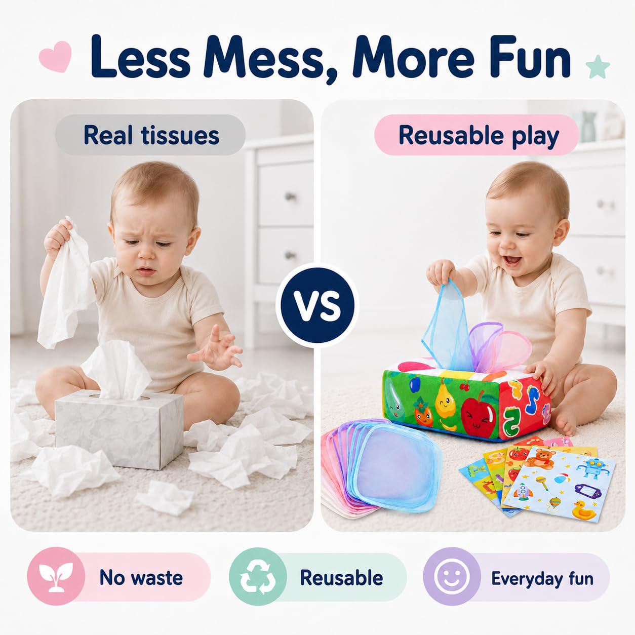 Yeeeasy Baby Tissue Box Toy - Montessori Sensory Toy for Infants 0-9 Months with Crinkle Textures and Letters