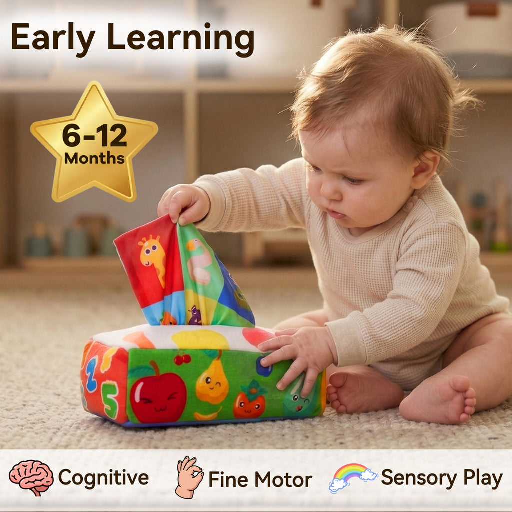 Yeeeasy Baby Tissue Box Toy - Montessori Sensory Toy for Infants 0-9 Months with Crinkle Textures and Letters