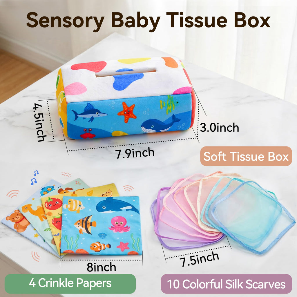 Yeeeasy Baby Tissue Box Toy - Montessori Sensory Toy for Infants 0-9 Months with Crinkle Textures and Letters
