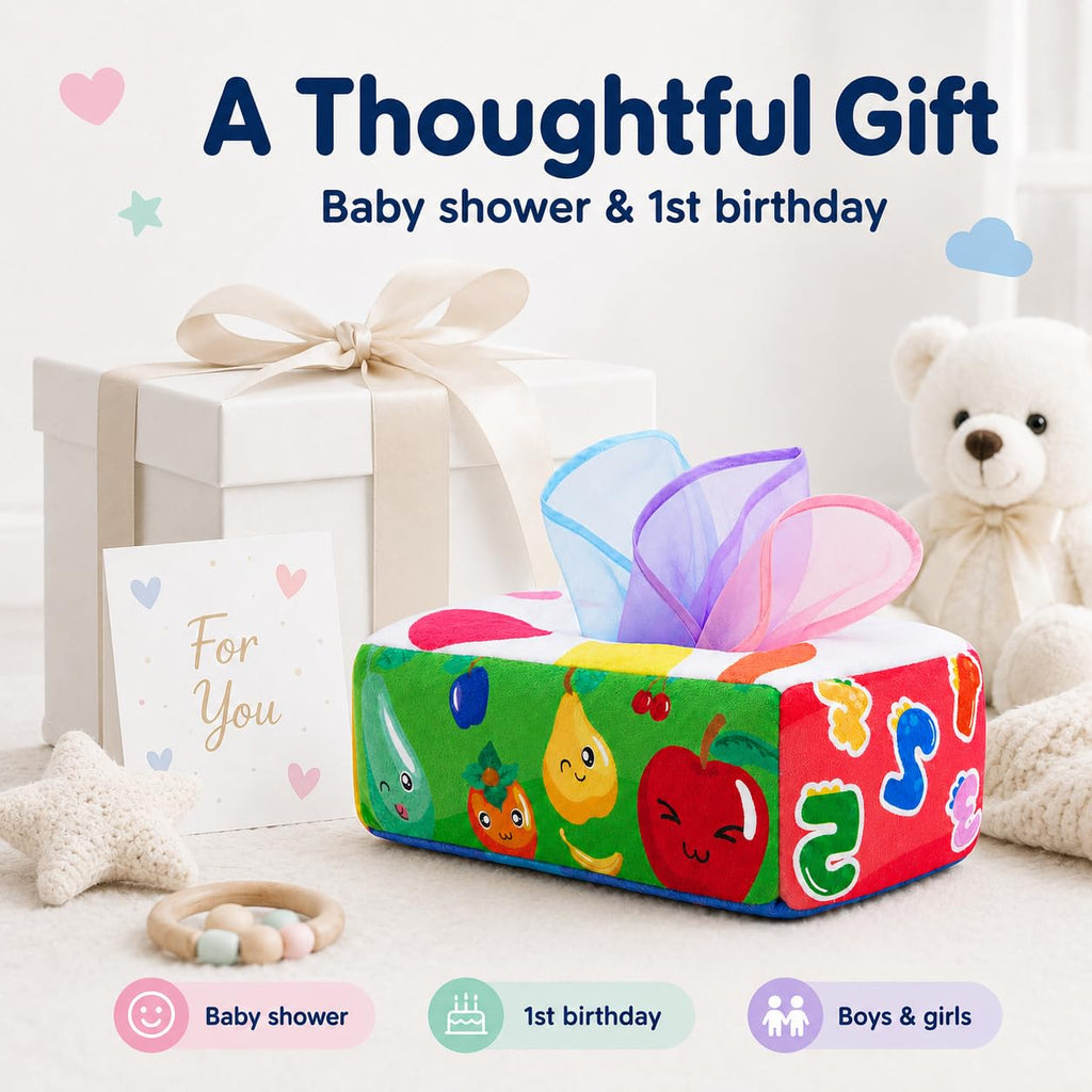 Yeeeasy Baby Tissue Box Toy - Montessori Sensory Toy for Infants 0-9 Months with Crinkle Textures and Letters