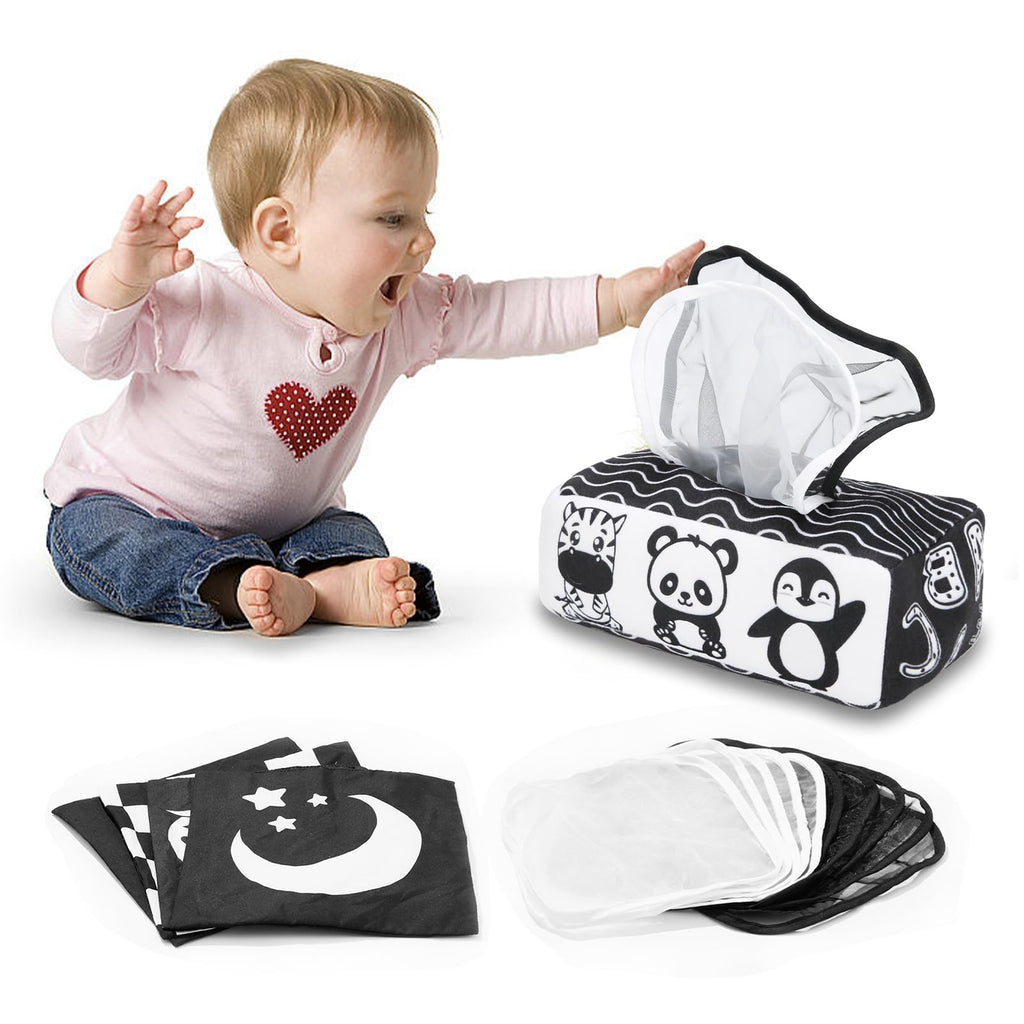 Yeeeasy High Contrast Baby Tissue Box Toy for Newborns – Black and White Montessori Sensory Toy with Indestructible Tissues