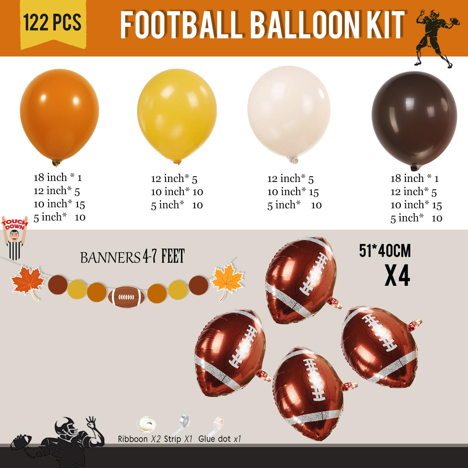 yeewaka Fall Football Season Balloon Arch Kit – 122 Pcs Orange Brown Yellow Decorations with Banner