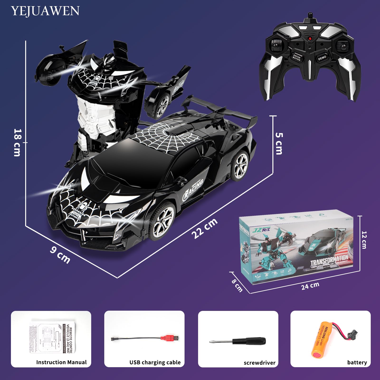 YEJUAWEN EN02 2.4GHz Gesture Control Transforming RC Car – Spider Robot & Race Car, 360° Rotation, Glow-in-the-Dark, for Kids 3-12