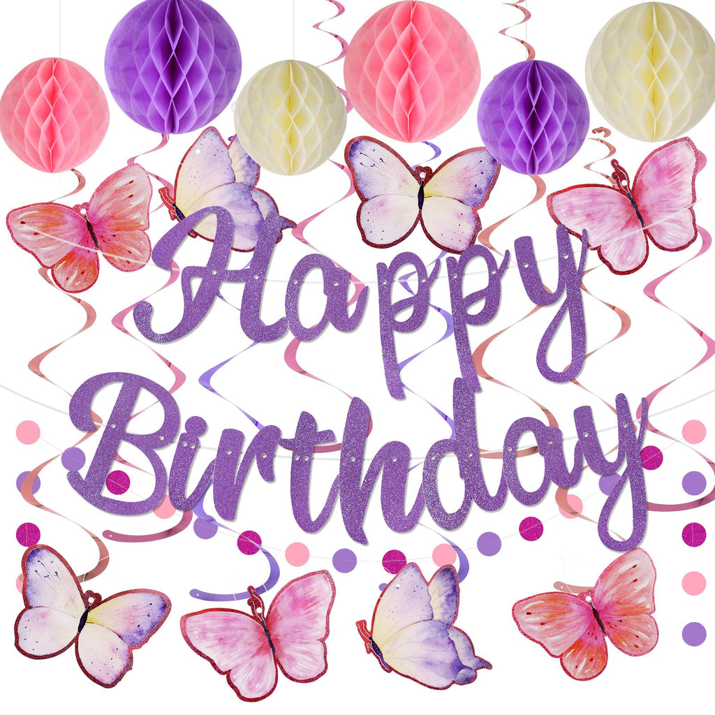 YEOCU Purple Birthday Decorations - Pre-Strung Banner, Honeycomb Balls, Hanging Swirls, Circle Dots Garland, No DIY Party Kit for Women, Girls, and All Ages