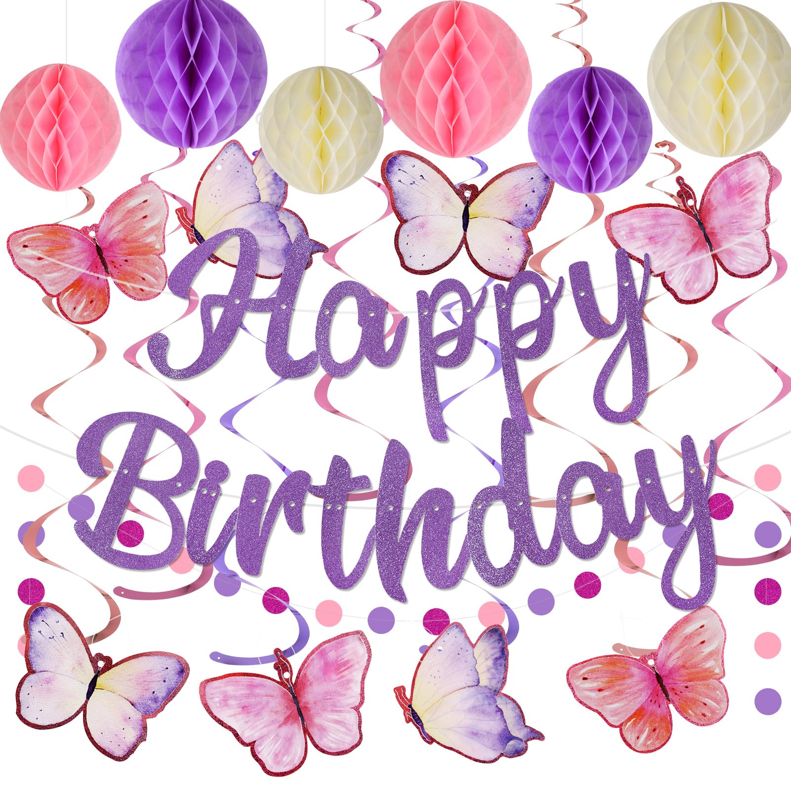 YEOCU Purple Birthday Decorations - Pre-Strung Banner, Honeycomb Balls, Hanging Swirls, Circle Dots Garland, No DIY Party Kit for Women, Girls, and All Ages