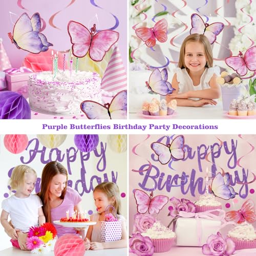 YEOCU Purple Birthday Decorations - Pre-Strung Banner, Honeycomb Balls, Hanging Swirls, Circle Dots Garland, No DIY Party Kit for Women, Girls, and All Ages