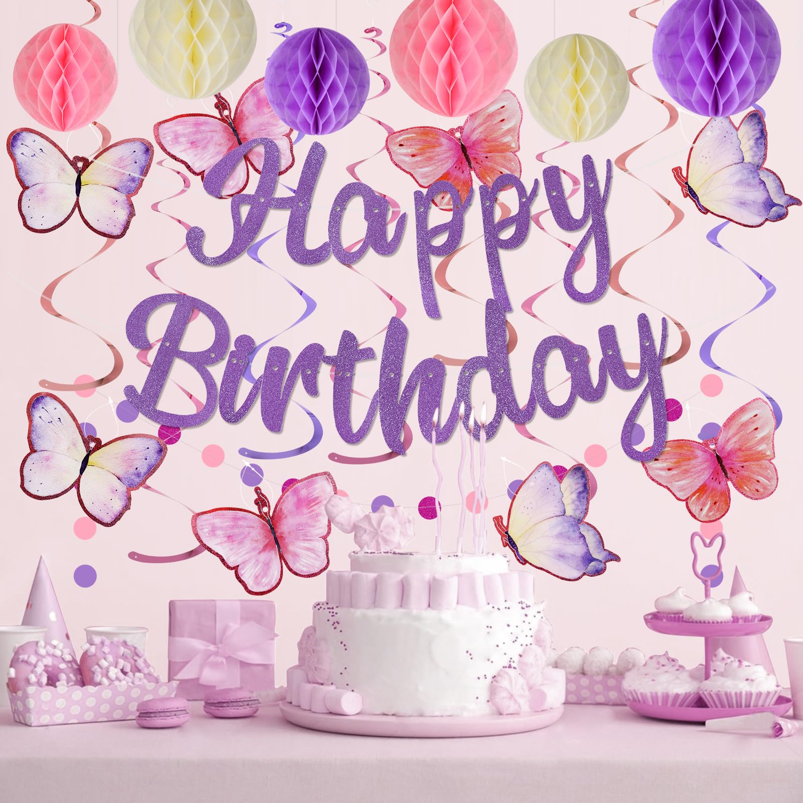 YEOCU Purple Birthday Decorations - Pre-Strung Banner, Honeycomb Balls, Hanging Swirls, Circle Dots Garland, No DIY Party Kit for Women, Girls, and All Ages