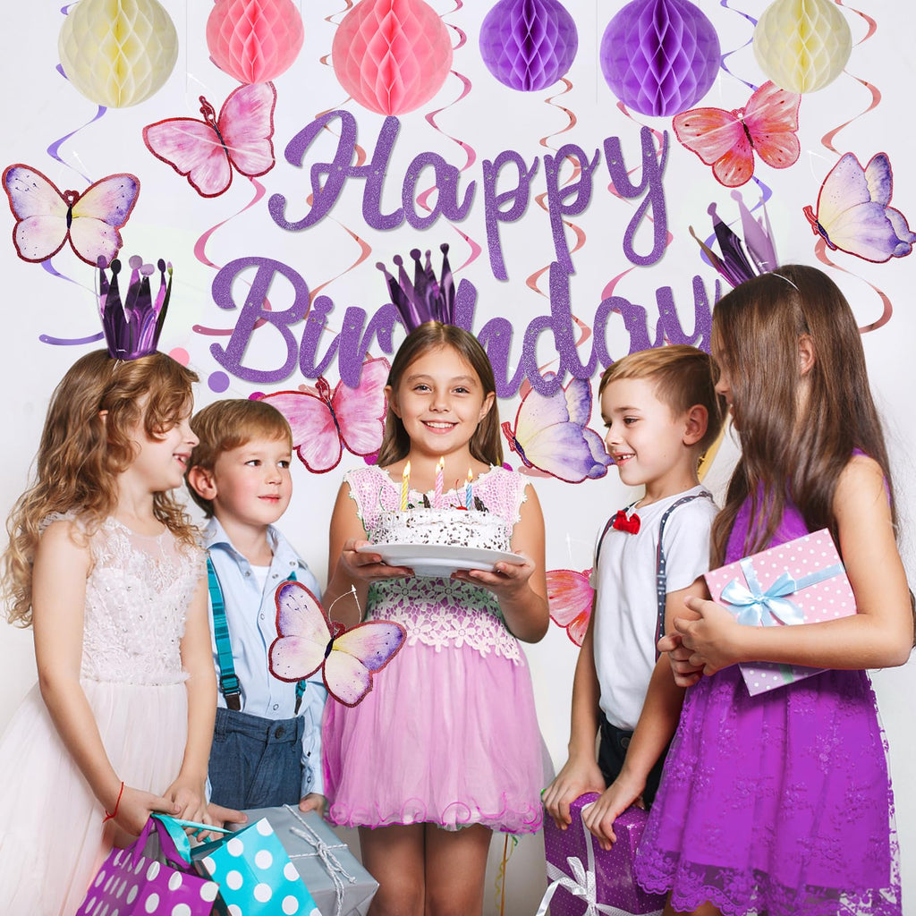 YEOCU Purple Birthday Decorations - Pre-Strung Banner, Honeycomb Balls, Hanging Swirls, Circle Dots Garland, No DIY Party Kit for Women, Girls, and All Ages