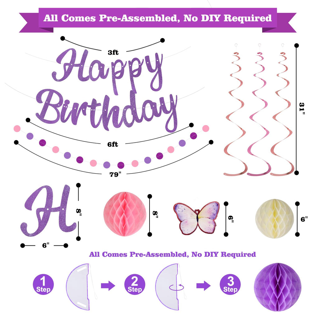 YEOCU Purple Birthday Decorations - Pre-Strung Banner, Honeycomb Balls, Hanging Swirls, Circle Dots Garland, No DIY Party Kit for Women, Girls, and All Ages