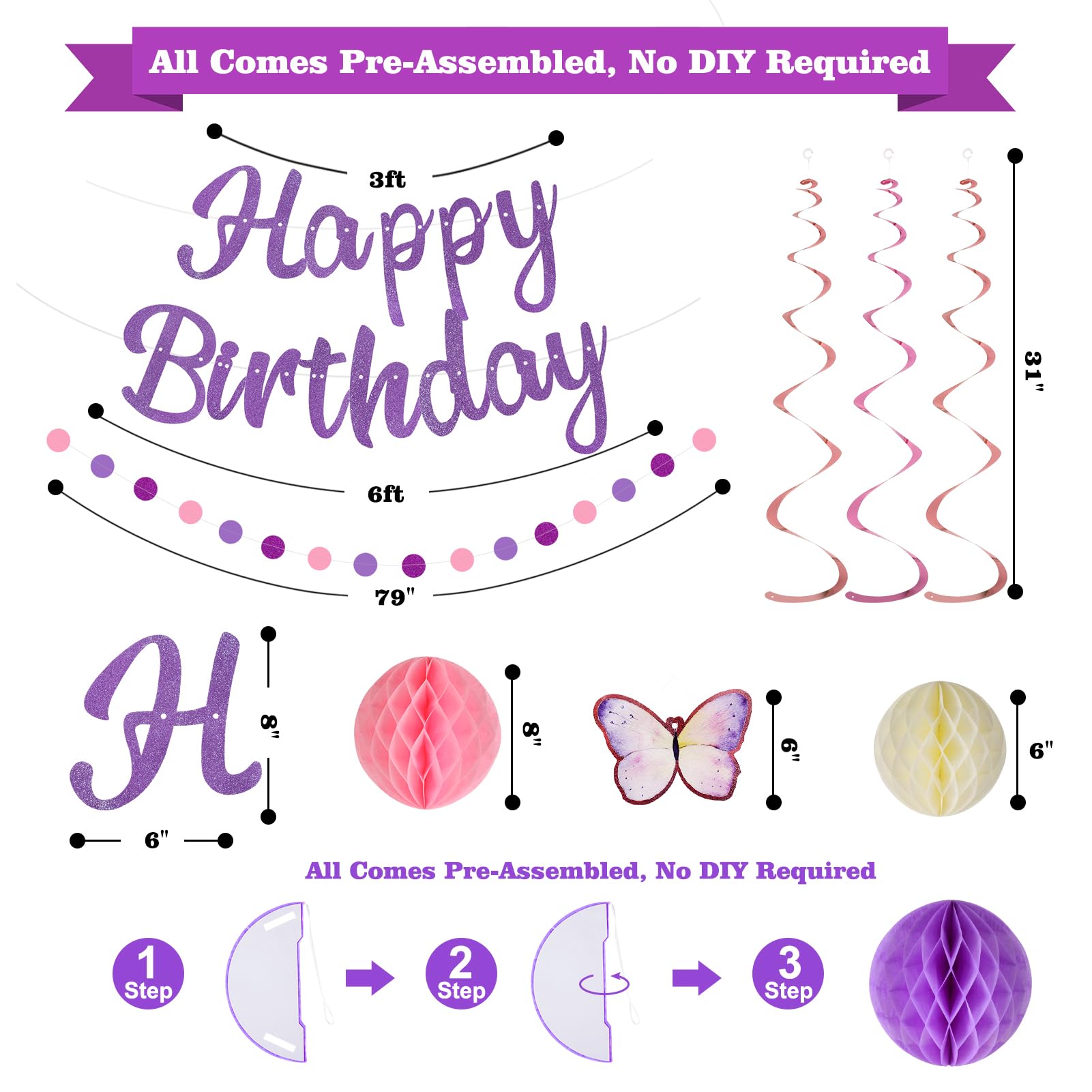 YEOCU Purple Birthday Decorations - Pre-Strung Banner, Honeycomb Balls, Hanging Swirls, Circle Dots Garland, No DIY Party Kit for Women, Girls, and All Ages
