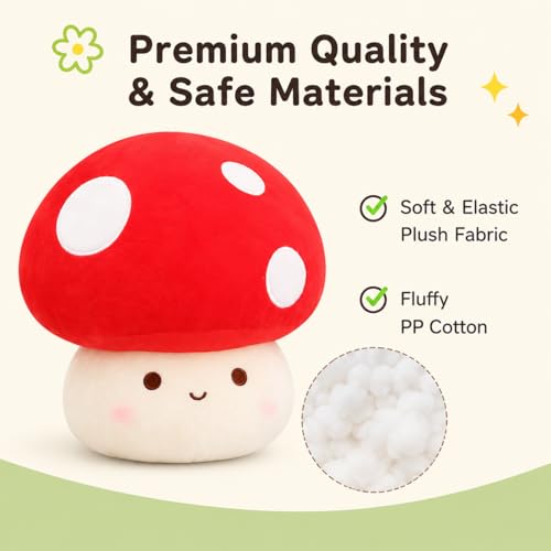 Yeqivo 10 Inch Mushroom Plush Pillow – Cute Red Mushroom Stuffed Animal, Soft Plush Toy Gift for Kids