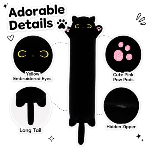 Yeqivo 19.6 Inch Black Cat Plush Body Pillow – Soft Long Stuffed Animal Toy, Kawaii Kitten Plushie for Kids and Adults