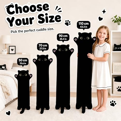 Yeqivo 19.6 Inch Black Cat Plush Body Pillow – Soft Long Stuffed Animal Toy, Kawaii Kitten Plushie for Kids and Adults